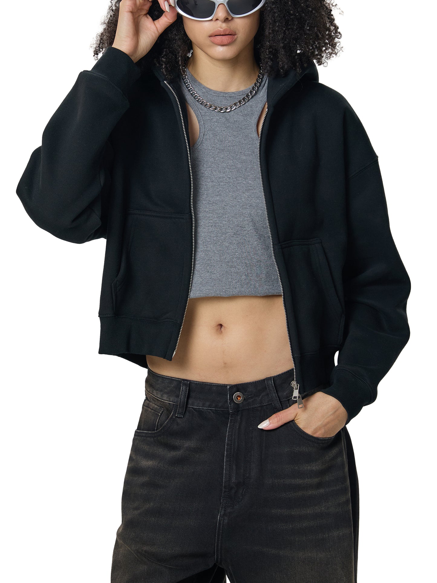 Fleeced Zip-Up Cropped Hoodie Female